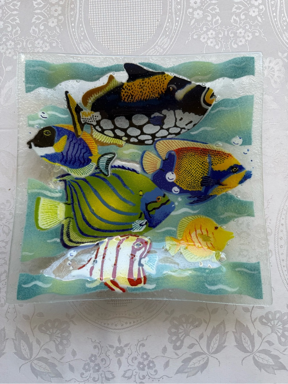 Peggy Karr Fused 12” Glass Multicolor Tropical Fish Decorative Art Plaque Bowl